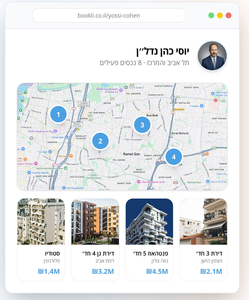 דוגמה לדף סוכן עם מפה ורשימת נכסים